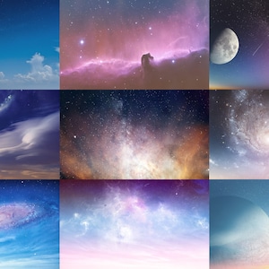May include: A collage of nine images depicting celestial scenes. The images showcase galaxies, nebulae, planets, and moons against a backdrop of stars and clouds. Colors range from blues and purples to pinks and oranges, creating a cosmic theme.