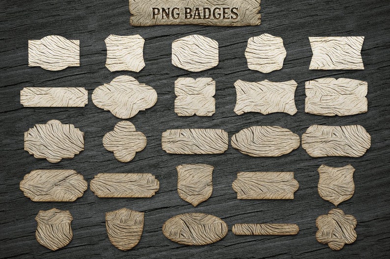 May include: A set of 20 wooden badges with various shapes and sizes. The badges have a light brown color and a wood grain texture. The text "PNG BADGES" is printed on a brown rectangular badge at the top of the image.
