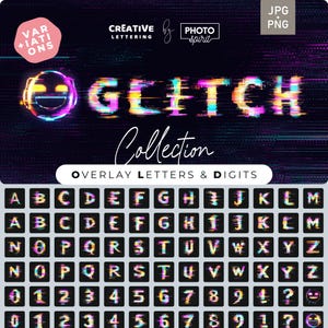 Puede incluir: Una colección de letras y dígitos superpuestos con un efecto de glitch. Las letras y los dígitos están en un esquema de colores arcoíris con un fondo negro. El texto "Glitch Collection" está en la parte superior de la imagen.