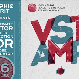 VSTAMP: stijlen voor vectorstempeleffecten Adobe Illustrator: professioneel hulpmiddel voor de textuur van gaten, stempeltextuur! Acties, realistische effecten uitvouwen