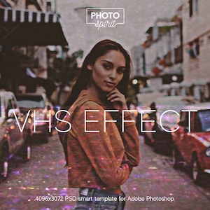 May include: A woman in a brown jacket stands in a city street with a vintage VHS effect overlay. The text "VHS EFFECT" is superimposed on the image. The text "4096x3072 PSD smart template for Adobe Photoshop." is at the bottom of the image.