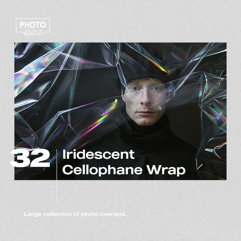 May include: A person's face is partially obscured by iridescent cellophane wrap. The text "32 Iridescent Cellophane Wrap" is displayed below the image. The text "Large collection of photo overlays" is displayed below the text.