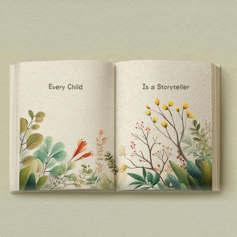 May include: An open book with the words "Every Child Is a Storyteller" printed on the pages. The pages are decorated with watercolour illustrations of leaves, flowers, and branches in green, yellow, orange, and red. The book has an off-white background.