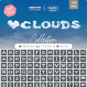 Sobreposições de alfabeto de nuvens cúmulos PNG e JPEG – Letras inspiradas em nuvens sonhadoras para designs etéreos perfeitos para mídias sociais e branding
