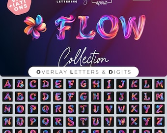 May include: A collection of colorful, 3D, flowing letters and numbers. The letters are in a rainbow of colors, including red, orange, yellow, green, blue, indigo, and violet. The letters are arranged in alphabetical order, and the numbers are arranged in numerical order. The letters and numbers are all in a bold, stylized font. The word "FLOW" is written in large letters at the top of the image. The words "Collection" and "Overlay Letters & Digits" are written in smaller letters below the word "FLOW".