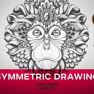 May include: A black and white symmetrical drawing of a monkey's face with intricate details. The monkey's face is surrounded by a decorative border. The text "SYMMETRIC DRAWING" is at the bottom of the image, with the text "GRAPHIC SPIRIT" below it.