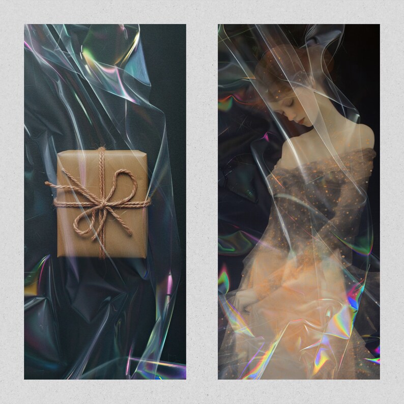 May include: A brown gift box wrapped in twine and tied with a bow, sitting on a iridescent plastic sheet.
