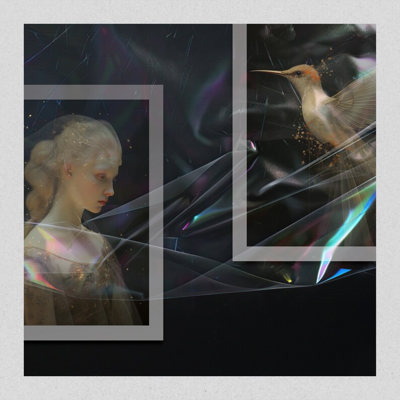 May include: A woman with blonde hair and pale skin is depicted in a portrait. She is wearing a gold and white dress and is surrounded by a shimmering, iridescent fabric. A hummingbird is shown in a separate frame, with its wings spread out.