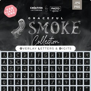 May include: A collection of overlay letters and digits in the form of smoke. The letters are in uppercase and the digits are in a standard font. The letters and digits are arranged in rows and columns on a black background. The text "Graceful Smoke Collection" is at the top of the image.
