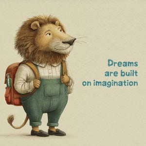 May include: Illustration of a lion wearing green dungarees and a backpack. The lion is smiling. Text reads "Dreams are built on imagination" in teal. The image has a soft, illustrated style.