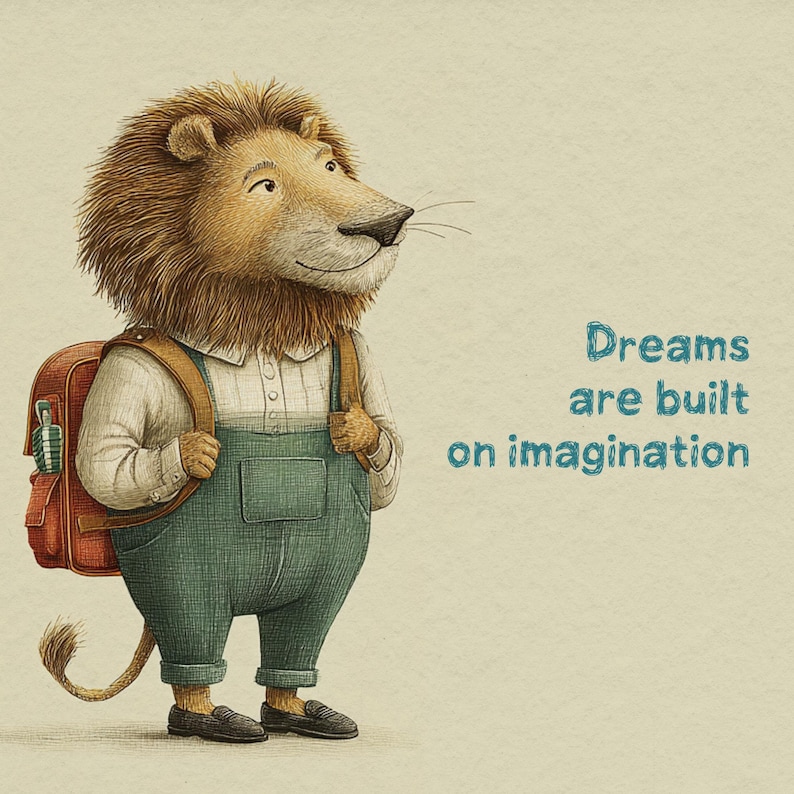 May include: Illustration of a lion wearing green dungarees and a backpack. The lion is smiling. Text reads "Dreams are built on imagination" in teal. The image has a soft, illustrated style.