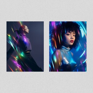 May include: Two women with colorful iridescent light streaks behind them. The woman on the left is wearing a dark grey sweater and a black skirt. The woman on the right is wearing a silver top with a high neckline.