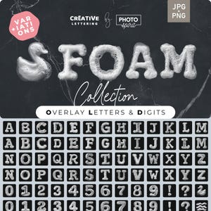 May include: A collection of foam letters and numbers in a white, bubbly texture. The letters and numbers are arranged in alphabetical and numerical order. The text "SFOAM Collection" is displayed above the letters and numbers. The text "Overlay Letters & Digits" is displayed below the letters and numbers.