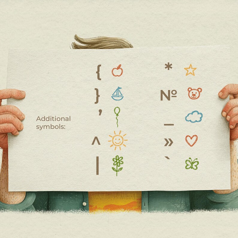May include: A person holding a white paper with colourful illustrations of symbols and the text "Additional symbols:". The symbols include an apple, sailboat, balloon, sun, flower, star, teddy bear, cloud, heart, and butterfly.