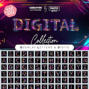Digital Neon Letters Overlays Collection For Photos With Glowing Light Effects And Typography Templates
