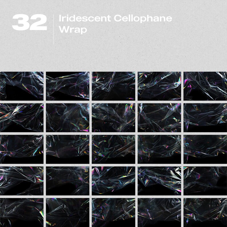 May include: A collection of 25 iridescent cellophane sheets, each with a unique pattern of wrinkles and folds. The cellophane is translucent and reflects light in a rainbow of colors.