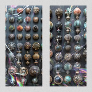 May include: A collection of decorative cabinet knobs and drawer pulls in various styles and finishes, including brass, copper, and silver. The knobs feature intricate designs, such as floral patterns, geometric shapes, and animal motifs. The knobs are displayed on a dark background with a shimmering iridescent overlay.