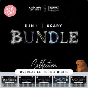 Puede incluir: Un dise&ntilde;o gr&aacute;fico negro con la palabra "BUNDLE" en una fuente espeluznante, con las palabras "5 IN 1 | SCARY" encima. Debajo, la palabra "Collection" est&aacute; escrita en cursiva, con "OVERLAY LETTERS & DIGITS" debajo. La imagen incluye variaciones de letras y d&iacute;gitos superpuestos.