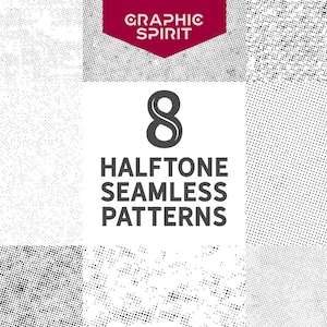 Könnte beinhalten: Acht verschiedene schwarz-weiße Halbtonsmuster ohne Naht. Die Muster bestehen aus kleinen Punkten unterschiedlicher Größe. Der Text "8 Halftone Seamless Patterns" befindet sich in der Mitte des Bildes.
