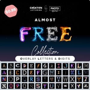 May include: A digital graphic showcasing the word "FREE" in striking, stylized lettering. The letters are designed with effects such as lightning, fire, and vapor. The image also includes a collection of overlay letters and digits, ideal for digital design projects.