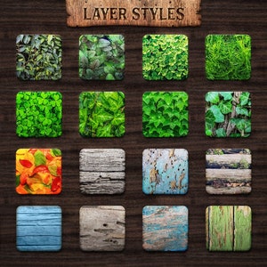 May include: A collection of 20 different textures, including green leaves, wood, and fall leaves. The textures are displayed in a grid on a dark brown wooden background. The title "LAYER STYLES" is displayed at the top of the image.