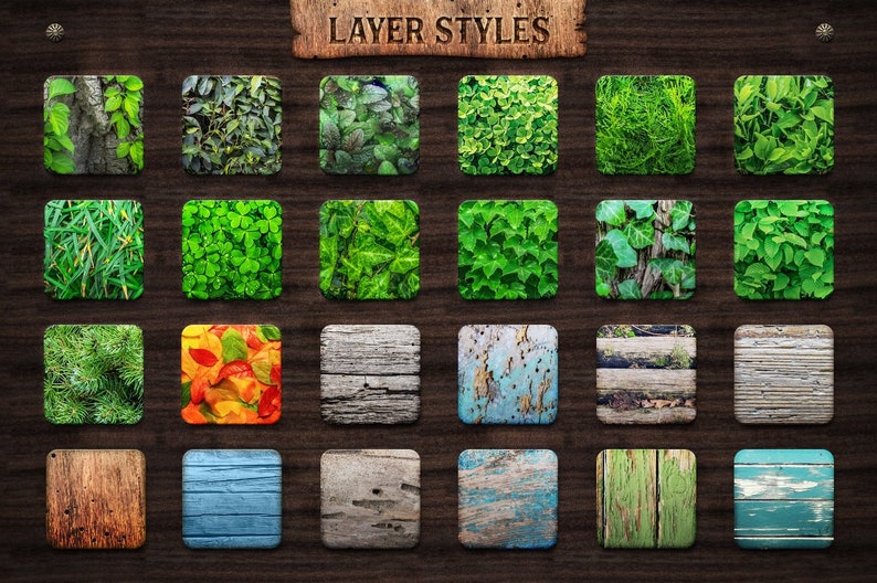 May include: A collection of 20 different textures, including green leaves, wood, and fall leaves. The textures are displayed in a grid on a dark brown wooden background. The title "LAYER STYLES" is displayed at the top of the image.