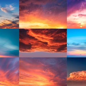 May include: A collage of nine images showcasing various sunset sky scenes. The images feature a variety of cloud formations, colors, and lighting conditions, capturing the beauty of the sky at sunset.