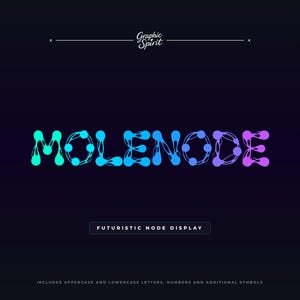 May include: A graphic design featuring the word "MOLENODE" in a futuristic font, with each letter composed of connected, colorful nodes. The text is in shades of teal, blue, and purple against a dark background. The design includes the text "FUTURISTIC NODE DISPLAY".