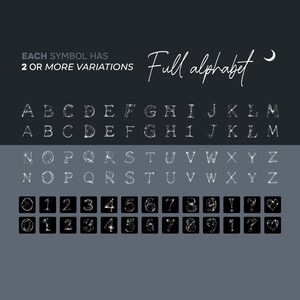 Puede incluir: Dise&ntilde;o digital que muestra un alfabeto completo y n&uacute;meros con m&uacute;ltiples variaciones. El texto &laquo;CADA S&Iacute;MBOLO TIENE 2 O M&Aacute;S VARIACIONES&raquo; se muestra encima del alfabeto. Las palabras &laquo;Full alphabet&raquo; est&aacute;n escritas en cursiva.