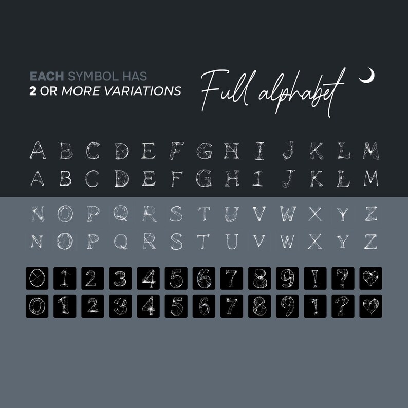 Puede incluir: Dise&ntilde;o digital que muestra un alfabeto completo y n&uacute;meros con m&uacute;ltiples variaciones. El texto &laquo;CADA S&Iacute;MBOLO TIENE 2 O M&Aacute;S VARIACIONES&raquo; se muestra encima del alfabeto. Las palabras &laquo;Full alphabet&raquo; est&aacute;n escritas en cursiva.