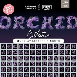 May include: Digital overlay letters and digits collection. The word "ORCHID" is displayed in a flowing, purple, and white design. The collection includes the alphabet and numbers 0-9, all with a similar floral aesthetic.