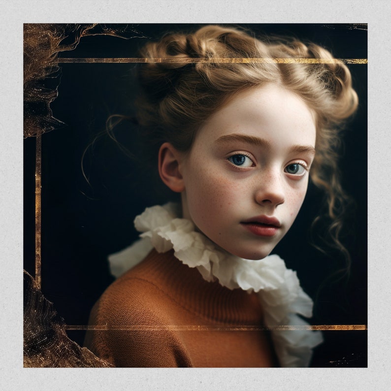 May include: A young person with fair skin and blue eyes is wearing a brown sweater and a white ruffled collar. Their hair is styled in two buns and they are looking directly at the camera.