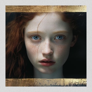 May include: A close-up portrait of a young woman with red hair and blue eyes. Her face is framed by a dark background and a gold border.