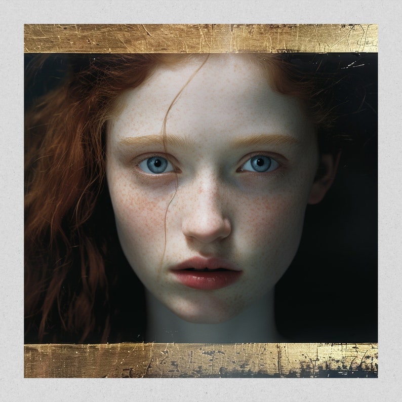 May include: A close-up portrait of a young woman with red hair and blue eyes. Her face is framed by a dark background and a gold border.