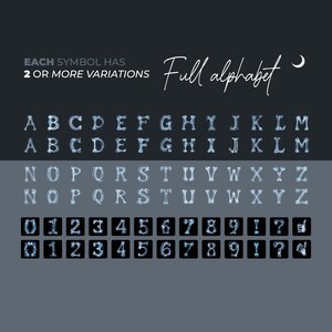 Puede incluir: Gr&aacute;fico gris oscuro con un alfabeto completo y n&uacute;meros, cada uno dise&ntilde;ado con una apariencia &oacute;sea. Tambi&eacute;n se muestra el texto "EACH SYMBOL HAS 2 OR MORE VARIATIONS" y "Full alphabet". Los n&uacute;meros y las letras est&aacute;n en dos filas.