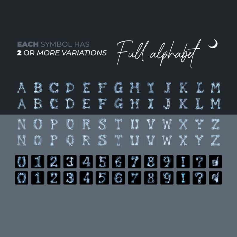 Puede incluir: Gr&aacute;fico gris oscuro con un alfabeto completo y n&uacute;meros, cada uno dise&ntilde;ado con una apariencia &oacute;sea. Tambi&eacute;n se muestra el texto "EACH SYMBOL HAS 2 OR MORE VARIATIONS" y "Full alphabet". Los n&uacute;meros y las letras est&aacute;n en dos filas.