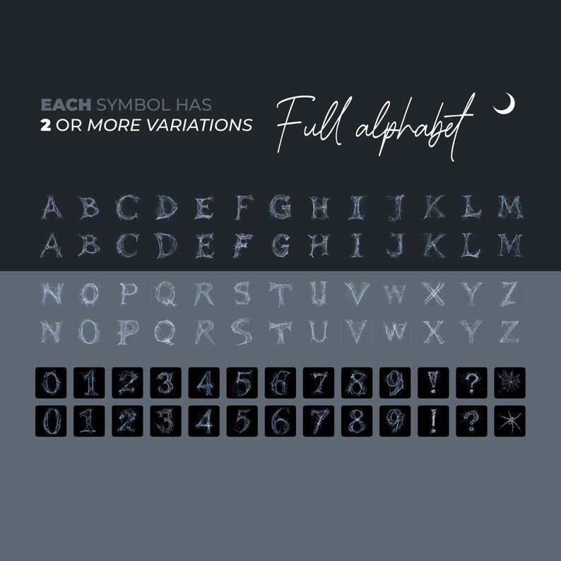 Puede incluir: Gr&aacute;fico gris oscuro con un alfabeto completo y n&uacute;meros, cada uno con m&uacute;ltiples variaciones. El texto "Full alphabet" est&aacute; escrito en cursiva. Las letras y los n&uacute;meros est&aacute;n en una fuente estilizada y ahumada.