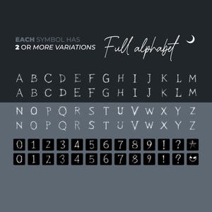 Puede incluir: Gr&aacute;fico gris oscuro con un alfabeto completo y n&uacute;meros, cada uno con m&uacute;ltiples variaciones. El texto "Full alphabet" est&aacute; escrito en cursiva. Las letras y n&uacute;meros blancos tienen una apariencia texturizada y desgastada.