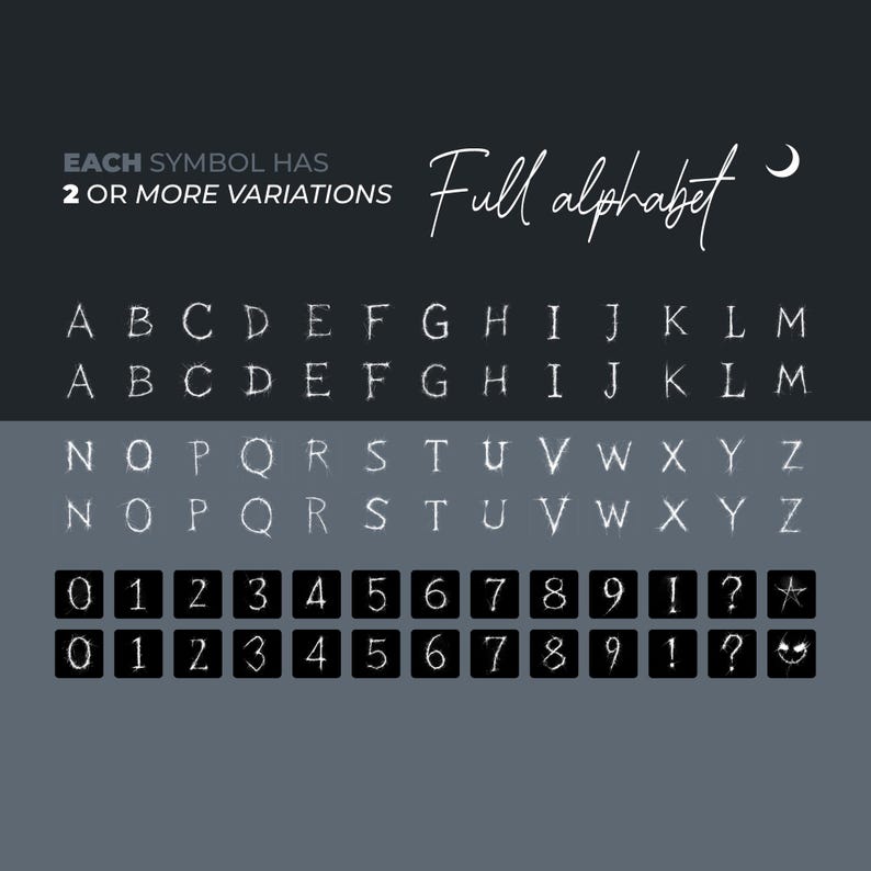 Puede incluir: Gr&aacute;fico gris oscuro con un alfabeto completo y n&uacute;meros, cada uno con m&uacute;ltiples variaciones. El texto "Full alphabet" est&aacute; escrito en cursiva. Las letras y n&uacute;meros blancos tienen una apariencia texturizada y desgastada.