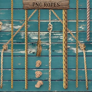 May include: A collection of 12 different rope textures and styles, including knots, braids, and twists. The ropes are displayed against a blue wooden background with the text "PNG ROPES" on a wooden sign.