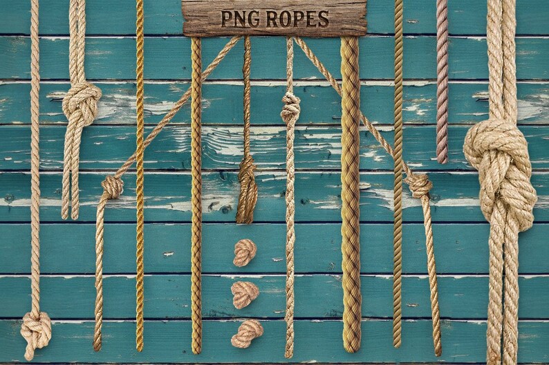 May include: A collection of 12 different rope textures and styles, including knots, braids, and twists. The ropes are displayed against a blue wooden background with the text "PNG ROPES" on a wooden sign.