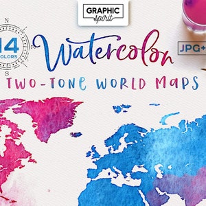 Aquarelkaarten - TWEEKLEURIG PAKKET voor Adobe Photoshop, Adobe Illustrator, Adobe InDesign, Photoshop Elements, aquarelschets, wereldkaarten.