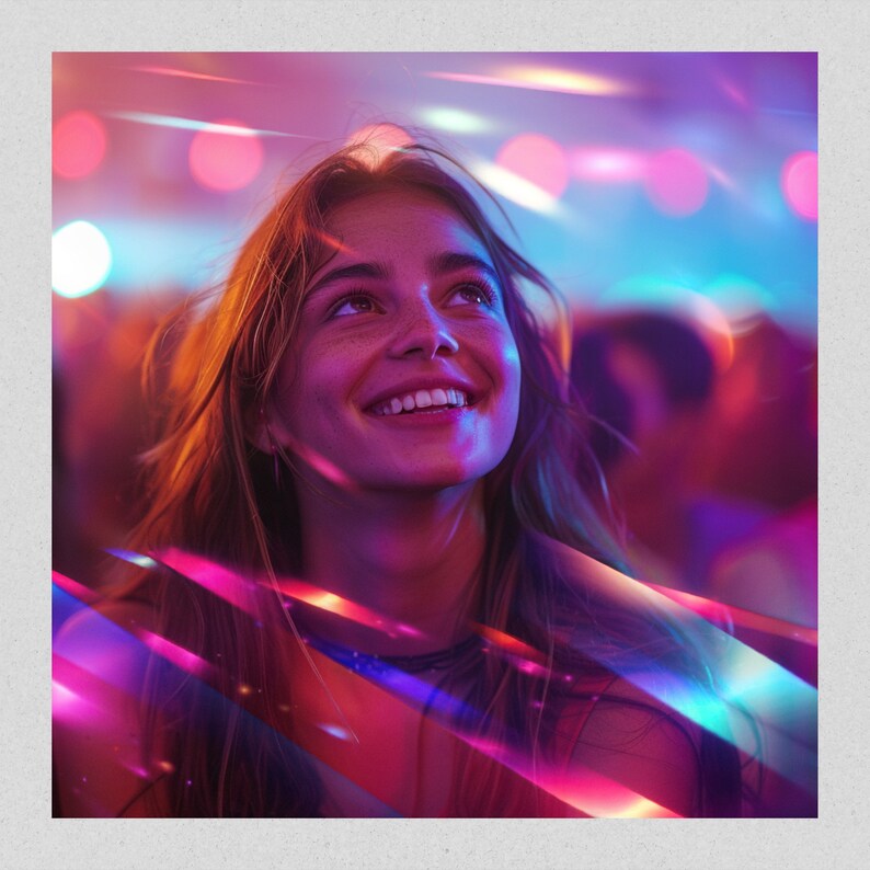 May include: A young woman with long brown hair smiles and looks up at colorful lights. The lights are in the shape of streaks and create a vibrant, colorful background.
