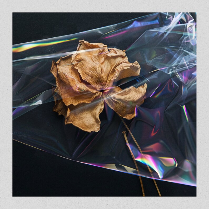 May include: A dried flower with brown petals is wrapped in iridescent plastic. The flower is against a dark background.