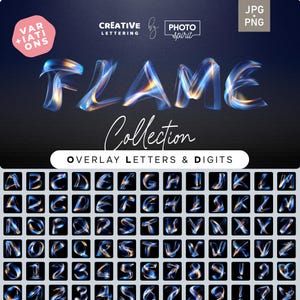 Op de afbeelding: Een digitale kunstcollectie met overlay letters en cijfers met een vlameffect. Het woord "FLAME" wordt weergegeven in een gestileerd lettertype, met een verscheidenheid aan letters en cijfers in een raster eronder. De tekst "Collection" en "Overlay Letters & Digits" zijn ook aanwezig.