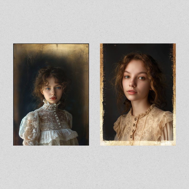 May include: Two portraits of women with long, curly hair. Both women are wearing lace blouses with a vintage aesthetic. The portraits are framed in gold.