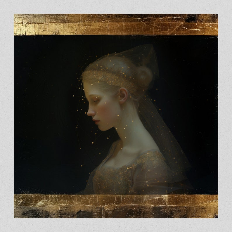 May include: A woman with blonde hair wears a veil with gold glitter. She is wearing a gold dress and has a gold headband. The background is dark.