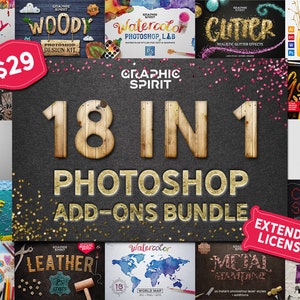 18 in 1 Adobe Photoshop Bundle Discount - Grab this unique large collection add-ons! Photoshop Elements, Actions, Effects, Styles, Graphics.