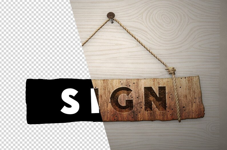 May include: A rustic wooden sign with the word "SIGN" carved into it. The sign is hanging from a nail with a rope.