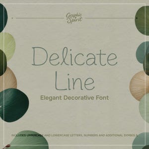 May include: A light green background with the words "Delicate Line" in a soft, handwritten font. Below, it reads "Elegant Decorative Font." The image includes the text "INCLUDES UPPERCASE AND LOWERCASE LETTERS, NUMBERS AND ADDITIONAL SYMBOLS."